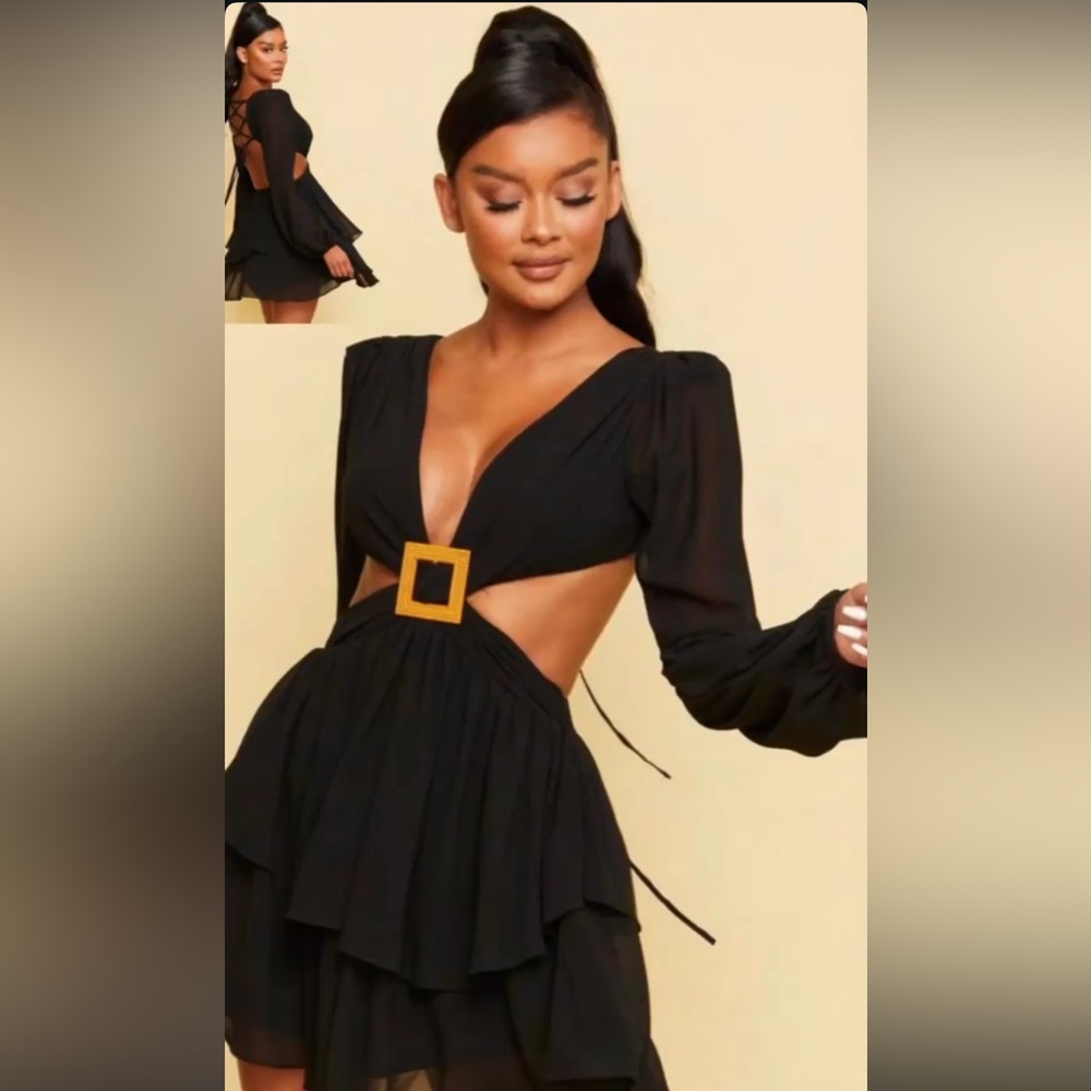 Luxxel Black Mini Dress with Gold Square Buckle